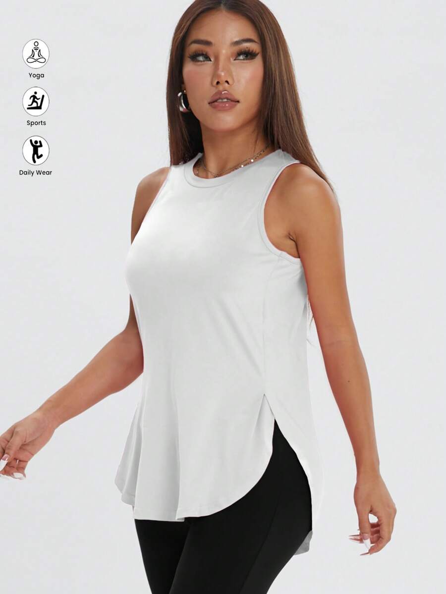 1 pieza Top holgada y casual para entrenamiento de mujer, camiseta de fitness con abertura lateral sólida y cómoda, primavera/verano - Blanco - Ver 1