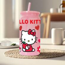 Sanrio 1 pieza Botella de agua de plástico rosa de 16 oz con estampado de Hello Kitty de Sanrio, adecuado para café, bebidas, cerveza, leche, jugo, un gran regalo de hidratación de verano para ella (con pajita reutilizable)