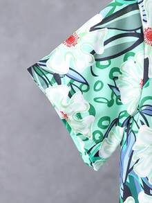 2 件套男童夏季休闲沙滩装，短袖全身印花衬衫和短裤，儿童夏季户外休闲服 - 橄欖綠 - 查看 5