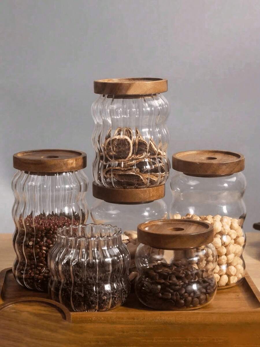 1 个圆形玻璃罐，带木盖和密封软木塞，用于香料、糖、咖啡、茶叶储存、透明糖果食品容器、玻璃瓶、咖啡渣储存罐、茶罐、谷物储存罐、香料罐 - 彩色 - 查看 1