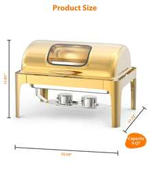 Studyset Roll Top Chafing Dish For Buffet,9QT Retangle Stainless Steel Chafer Catering Food Warmer Server With Visible Lid Water Pan Stand Fuel Holder Clip,Chafing Dish Buffet Set,For Wedding,Parties,Banquet,Catering Events - Gold - View 5