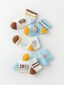 5pcs/Set Contrast Striped Breathable Mesh Kids Socks, Cartoon Pattern Mid-Calf Socks For Boys In Spring And Summer - Multicolor - View 2