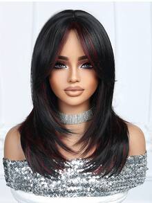 18-Inch Women's Elegant Straight Wig, Black With Red Highlights, 100% Anglong Synthetic Fiber, Rose Net Cap, Layered Texture, Heat-Resistant Fiber, Suitable For Pants, Can Be Used As A Gift - Red Highlight - View 4