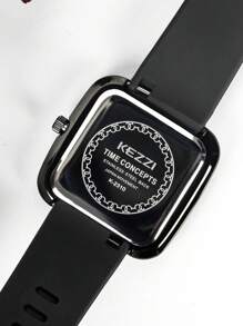 KEZZI 1 pieza Reloj de cuarzo cuadrado estiloso y simple con correa de silicona negra unisex, de moda casual adecuado para uso diario