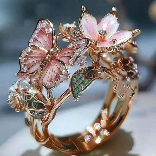 1 pieza Anillo ajustable de flor de resina con mariposa elegante, material de aleación con piedras de imitación, adecuado como regalo para mujer/novia, para uso diario
