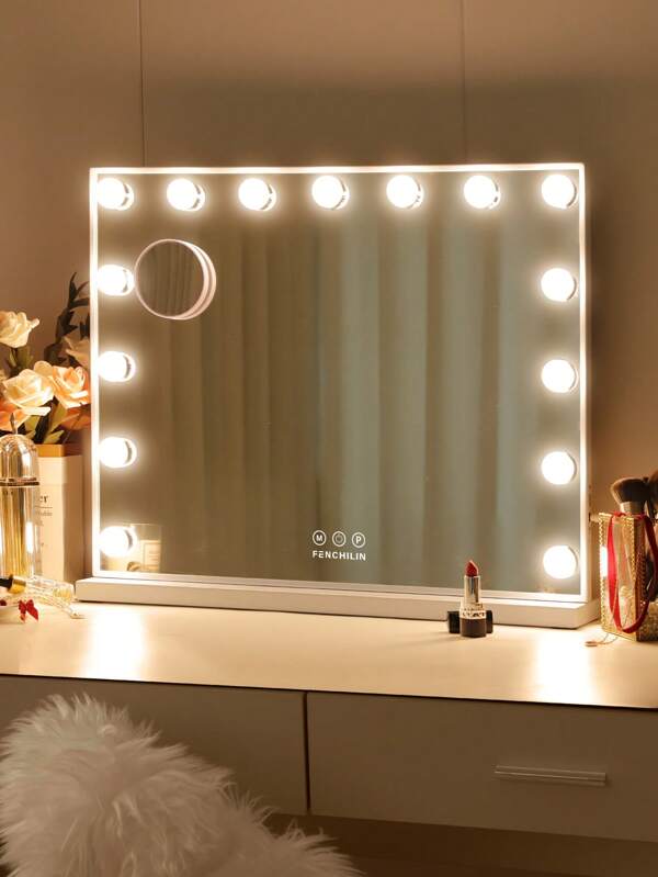 FENCHILIN Holly wood Spiegel mit Beleuchtung LED Typ C und USB Ladeanschluss 15 Dimmer Leuchten 3 Lichtmodus Schminkspiegel mit Beleuchtung Holly wood Spiegel Wandmontage Weiß 58x48cm