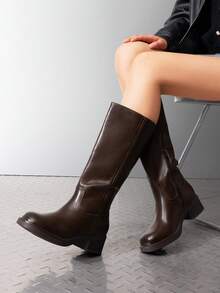 Womens Square Toe Chunky Block Heel Knee High Boots Banana Campus Boots For Women Casual Comfortable Low Heel Side Zipper Riding Tall Boots - Cà phê nâu - Xem 1