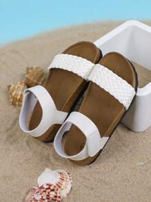 Girls PU Hook And Loop Sandals, New Summer Children Shoes, Girls Princess Shoes With Woven Design, Toddler Beach Shoes
