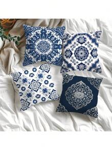 New Explosive Retro Blue And White Porcelain Printed Pattern Polyester Short Plush Home Decoration Sofa Cushion Cover 4 (No Pillow Core)