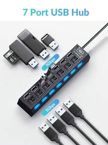 4 端口 7 端口 USB HUB 扩展器 USB 2.0 集线器适配器多 7 合 1 集线器 USB 开关便携式分离器适配器适用于电脑笔记本电脑手机闪存盘、鼠标、读卡器、键盘、游戏设备、MP3 播放器、HDD 等 PC、Pro、Mini、IMac、Surface Pro 手机 OTG 适配器、打印机、相机、USB 风扇或任何其他 USB 外围设备。以及更多 - 黑色 - 查看 9