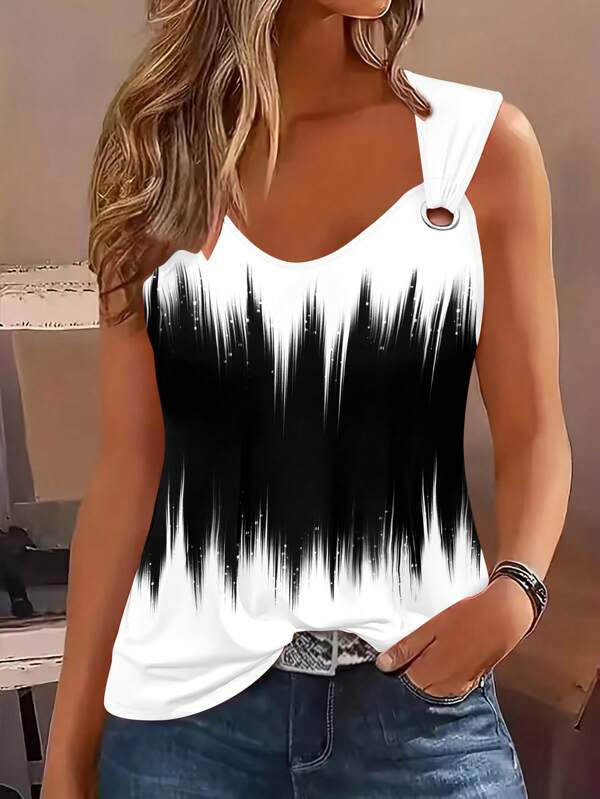Top vestito con stampa 3D - Top canotta donna estivo di moda con stampa geometrica 3D a scollo a V | Medio stretch, abbigliamento sportivo casual