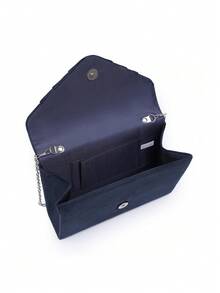 优雅女士婚礼手拿包，奢华褶饰方形手提包适合晚会 - 性感纯色涤纶信封手拿包，配有链条肩带、纽扣开合、涤纶衬里 - 适合派对、酒吧、夜总会、婚礼、舞会、宴会 - 藏蓝色 - 查看 5