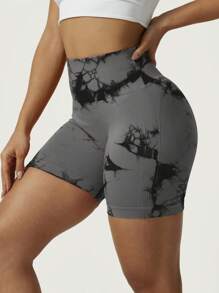 1 pieza Shorts deportivos de yoga con efecto tie-dye y bloques de color para mujer, con estiramiento, pantalón sin costuras para ciclismo al aire libre