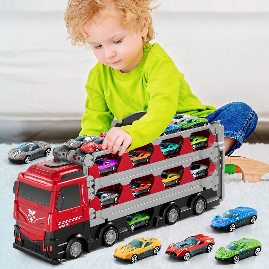HENGPHY 78-Inch Red Transport Trucks Kids Toys For 3 4 5 6 7 8 Years Old Boys Girls, Foldable 3 Layer Ejection Race Track With 12 Die-Cast Mini Cars, Catapulting Racing Track Kids Folding Truck Toy, Storage And Transporter Truck Toy 3-8 Ages Boys Christmas Birthday Gifts