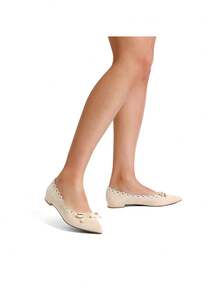Women Point Toe Flats Low Heel Bow Knot Ballet Flats With Cut Out Grommet Details Modern Elegant Commute Wedding Ladies Flat Shoes - 杏色 - 查看 7