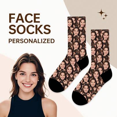 1 Pair Of New Full Print Head Custom Socks, Couple Custom Socks, Graduation Gift, Fun Turtlenecks Custom Socks For Men/Women, Sports Socks, Custom Sports Socks, Birthday Custom Gifts, As Valentine's Day Gifts, Men's Novelty Socks, Women's Novelty Socks