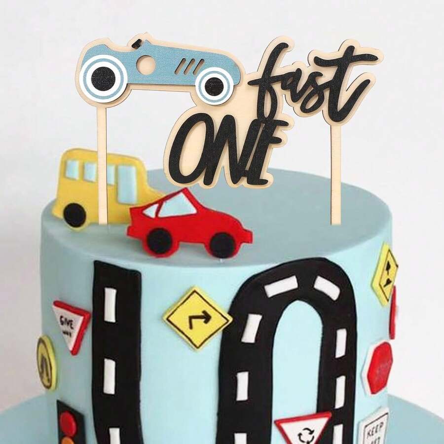 Fast One Birthday Cake Topper - Wood Race Car Cake Topper,Race Car Birthday Party Decorations,Racing Themed Birthday Cake Topper - Baby Blue - View 1