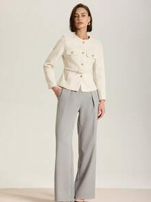 Women Single-Breasted Textured Long Sleeve Round Neck Casual Jacket