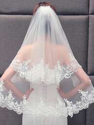 1 pieza Velo de novia con borde de encaje de dos capas y peine, accesorios de boda para mujeres, color blanco y beige