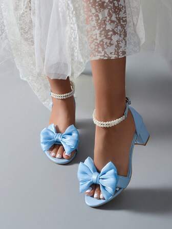 女士时尚高跟凉鞋，全新白色带扣蝴蝶结圆头中粗高跟鞋，百搭派对婚鞋，经典封闭式后跟低跟凉鞋，加大码 41-44