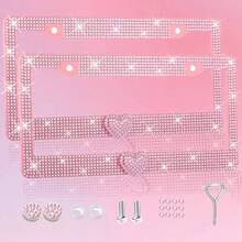 1 件/2 件闪亮塑料爱心牌照框，适合女士，闪闪发光的水钻钻石汽车配件，配有闪光人造钻石帽 - 1PC - 查看 1