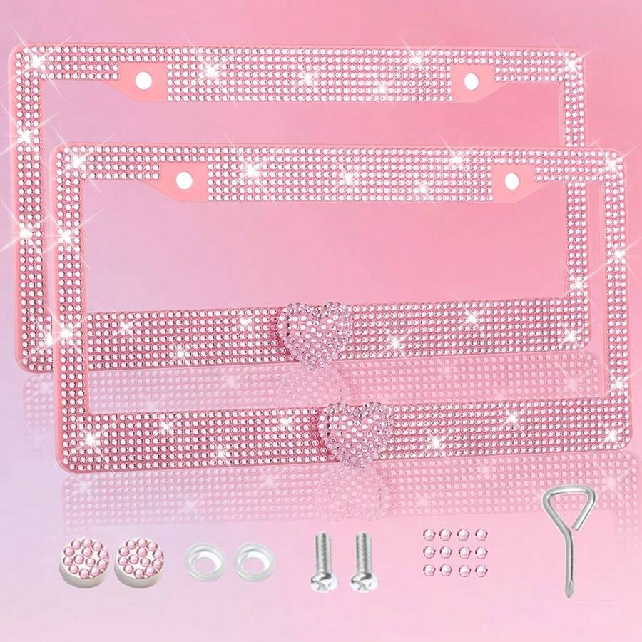 1 件/2 件闪亮塑料爱心牌照框，适合女士，闪闪发光的水钻钻石汽车配件，配有闪光人造钻石帽 - 1PC - 查看 1
