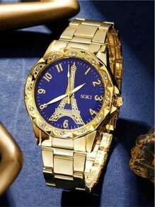 Set de 5 piezas que incluye reloj de mujer con esfera de torre Eiffel con diamantes de imitación y set de joyería con gema azul. Reloj adecuado para uso diario, vuelta al cole, temporada de graduación, Acción de Gracias, regalos de pareja. No incluye caja de regalo.