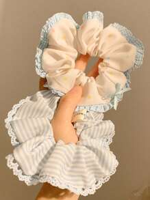 1pc Blue Bowknot Lace Trim Hair Scrunchie, Korean Style Large Messy Bun Hair Tie, Polyester Scrunchies Scrunchy Hair Ties