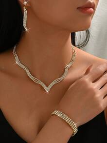 Set de 4 piezas de joyería para mujer - Collar, Aretes, Brazalete, Diseño Geométrico, Adecuado para Fiesta, Boda y Acción de Gracias - Dorado - Ver 2