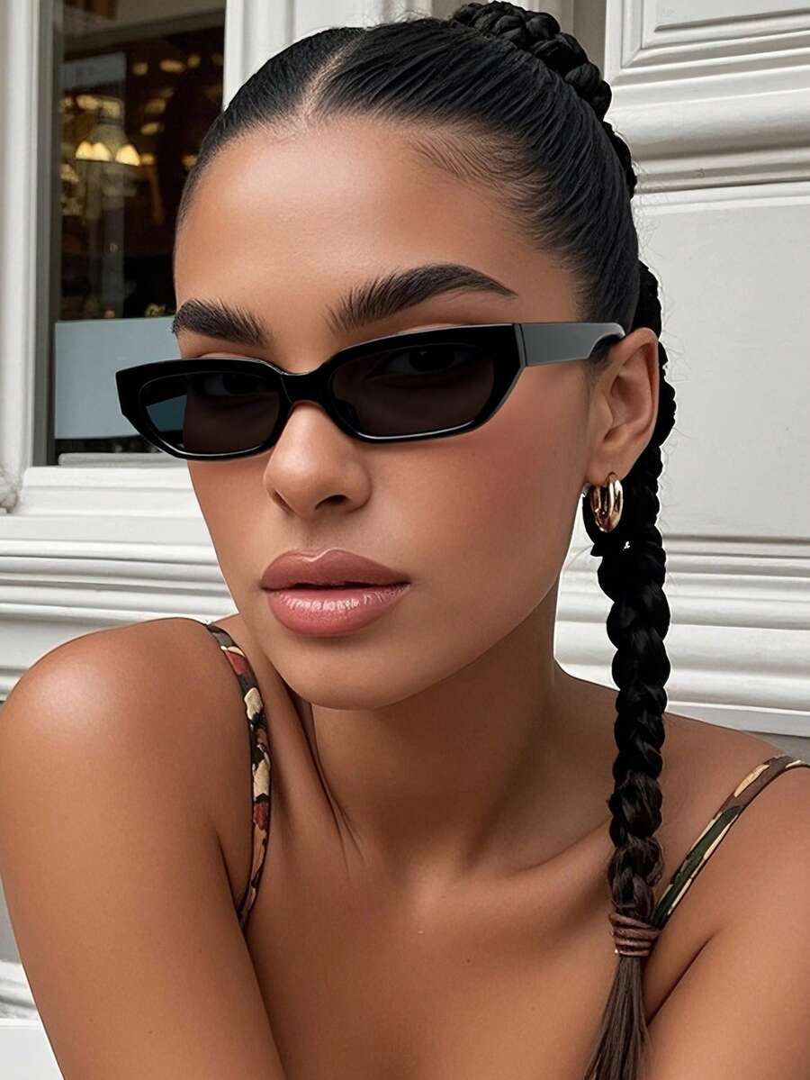 1 Pair Unisex Retro Small Frame Classic Rectangular Black Sunglasses, Suitable For Sports, Travel, Music Festivals, Sporty Style, Driving, Holiday Outfits, Beach, Outings, Summer Accessories, Vacation, Family Outings, UV Protection, Golf, Hiking, Elegant Style, Street Fashion Accessories, Parties, Outdoor Activities, Street Style, Fishing, Holidays, Sun Protection, Vacation - 彩色 - 查看 1