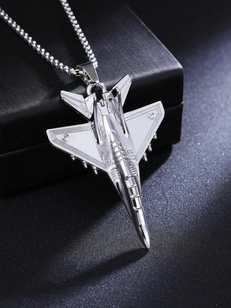 1pc Retro Style Unique J-20 Fighter Jet Pendant Necklace, Fashionable Stainless Steel Long Sweater Chain Accessory, Popular Hiphop Military Enthusiast Gift For Men, Daily Wear - Antique Silver - View 1