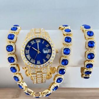 3pcs/Set European & American Hip-Hop Style Rhinestone Watch, Necklace, Bracelet Set With Rhinestones, Quartz Analog Steel Band Metal Calendar Watch Gift Set For Men Students