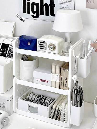 1pc Dual-Layer Storage Rack, Pegboard With Hooks, Pen Holder, Desktop Organizer, Freely Assembled, Suitable For Office Supplies, Cosmetics, Back To School (Stickers Not Included)