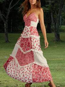 Womens Boho Floral Maxi Dress Spaghetti Strap Casual Sleeveless Ruffle Flowy Tiered Dress Lace Patchwork V Neck Backless A-Line Long Dresses For Summer Vacation Outfit Clothes Beach Party Dress Sundress - 紅色 - 查看 1