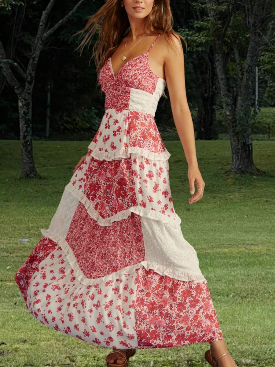 Womens Boho Floral Maxi Dress Spaghetti Strap Casual Sleeveless Ruffle Flowy Tiered Dress Lace Patchwork V Neck Backless A-Line Long Dresses For Summer Vacation Outfit Clothes Beach Party Dress Sundress - 紅色 - 查看 1