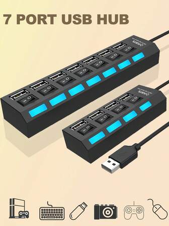 4 Port 7 Port USB HUB Extender USB 2.0 Hub Adapter Multi 7 In1 Hub USB On Off Portable Splitter Adapter For Computer Laptop Phone Flash Disk, Mouse, Card Readers, Keyboards, Gaming Devices, Mp3 Players, HDD, Etc.PC, Pro, Mini, IMac, Surface Pro Cellphone OTG Adapter, Printer, Camera, USB Fan Or Any Other USB Peripherals. And More