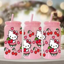 Sanrio 1 pieza Botella de agua de plástico rosa de 16 oz con estampado de Hello Kitty de Sanrio, adecuado para café, bebidas, cerveza, leche, jugo, un gran regalo de hidratación de verano para ella (con pajita reutilizable)