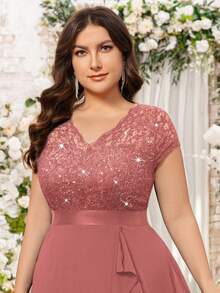 Plus Size V-Neck Sequin Lace Bodysuit With Ruffle Hem And Thigh High Slit Chiffon Maxi Dress, Elegant For Wedding Guest, Birthday, Graduation, Homecoming And Other Occasions - Dusty Pink - View 8