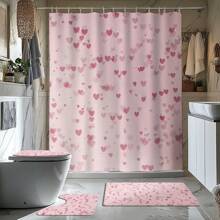 4 Stücke rosa Herz Thema Badezimmer Vorhang Set, Badematte, U-förmiger Toilettendeckel, wasserdichter Duschvorhang, dekorativer Badezimmer Raumteiler Vorhang, moderner Stil, ohne Bohren erforderlich, maschinenwaschbar, Badezimmer Accessoires, Rückfahrt zur Schule Badezimmer Dekoration