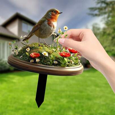 2D平面，1件装罗宾装饰花园亚克力户外艺术品，适用于户外花盆、草坪、露台、花卉、节日、花园主题庭院装饰、户外装饰标牌、平地摆放、阳光捕捉器标牌、2D平面