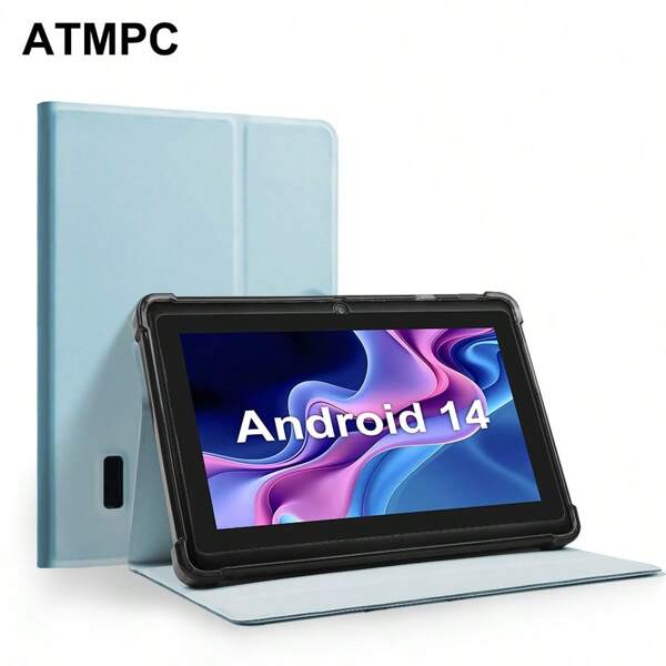 ATMPC ATMPC 701A 7-Inch Android 14 Tablet, Equipped With 2GB DDR RAM, 32GB ROM, 3500MAh, Quad Core Processor, 1024X600IPS Screen, Camera Front 30 Pixels And Rear 200 Pixels Wi-Fi 802.11 B/G/N 2.4g,PC, Equipped With Four Color Anti Drop Leather Cases
