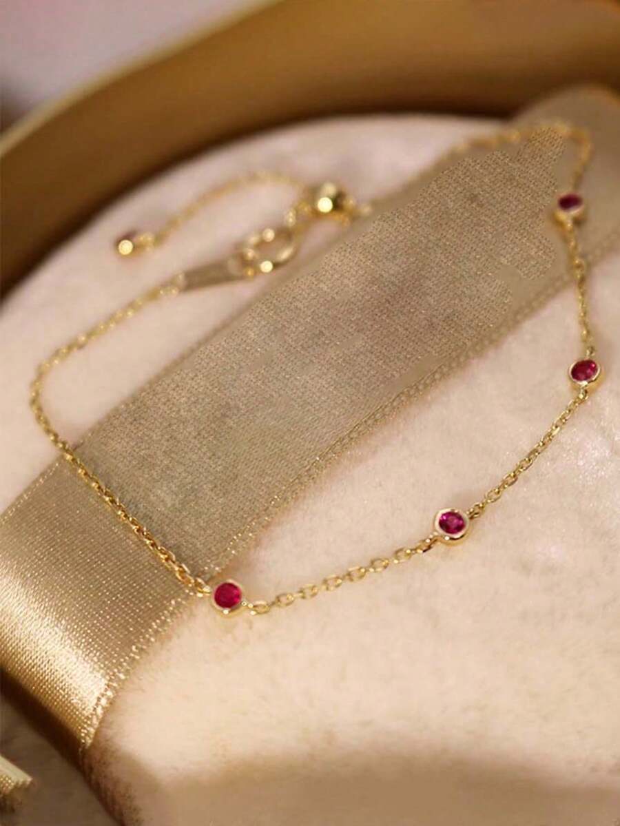 1pc 925 Silver Minimalist Lucky Red Ruby Bracelet, Luxurious Niche Design, Versatile Accessory For Daily Commute & Dates - Yellow Gold - View 1