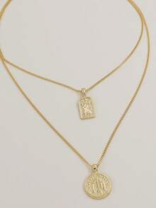 1pc Double Layer Metal Coin Necklace, Suitable For Daily Wear - Gold - View 9