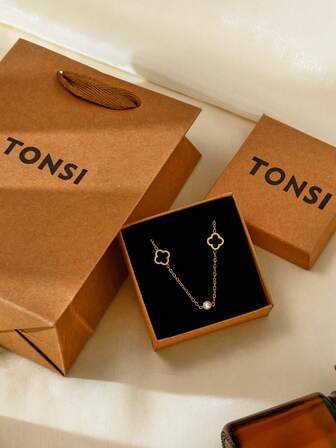 TONSI 1pc Minimalist Elegant Personalized Hollow Clover With Embedded Zirconia 18K Gold Plated Stainless Steel Necklace, Suitable For Women's Daily, Work, Party, Beach Wear, Best Gift For Friends, Family, Wife, Sisters, Holidays, Birthday, Mother's Day