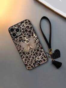 Fall Phone Case 1pc Leopard Print Butterfly Painted Thick Anti-Drop Protective Phone Case, Includes New Leather Heart-Shaped Wrist Strap DIY Phone Case Pendant, Short Wristband Accessory,International Version, Not The Domestic Version - Multicolor - View 2