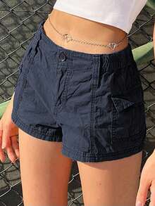 Women Cargo Shorts Vintage Casual Summer Elastic Low Waist Shorts With Pockets For Nightclub Streetwear - 藏蓝色 - 查看 1
