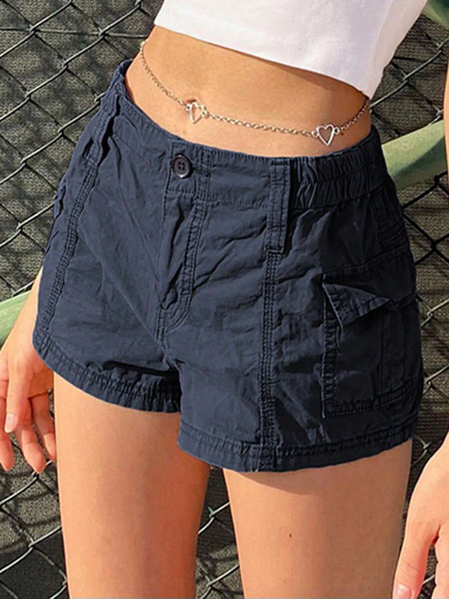 Women Cargo Shorts Vintage Casual Summer Elastic Low Waist Shorts With Pockets For Nightclub Streetwear - 藏蓝色 - 查看 1