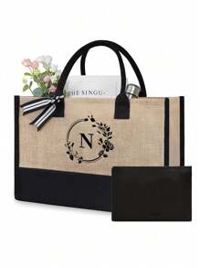 1/2 pezzi Borsa shopping tela con stampa lettere iniziali dalla A alla Z, con borsa portaoggetti cosmetici inclusa, borsa personalizzata, grande capacità, adatto per matrimoni, compleanni, spiaggia, vacanze, scuola, ottimo regalo per donne, mamme, insegnanti, amiche, damigelle d'onore, studenti, borsa grande. Borsa casual capiente e portatile, adatta per lo shopping multifunzionale
