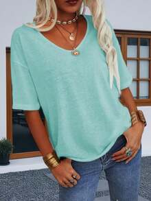 ​Women's Oversized V-Neck Half Sleeve Loose Fit Solid Color Casual T-Shirt​ - Màu xanh bạc hà - Xem 2