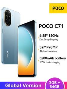 Xiaomi Smartphone POCO C71 Versión Global 3GB+64GB, Procesador UNISOC T7250, Pantalla de Gota Puntual de 6.88", Hasta 120Hz de Tasa de Refresco, Cámara Principal de 32MP, Batería de 5200mAh (Típica) con Carga Rápida de 15W, Desbloqueo de Huella Digital y Facial
